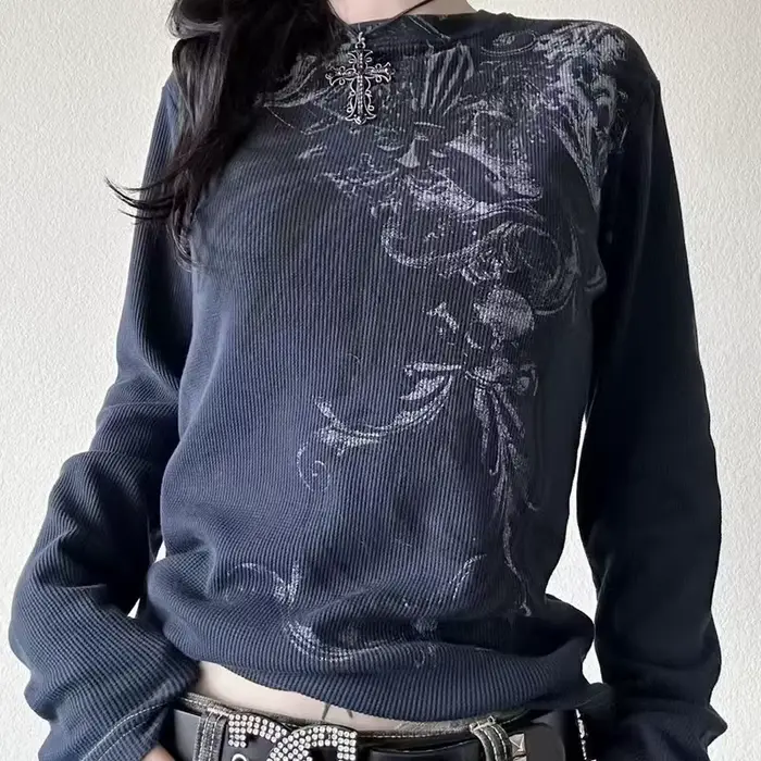 Y2K Hottie Grunge Cyber Mall Goth T-shirt thermique crânes graphique imprimé à manches longues pulls