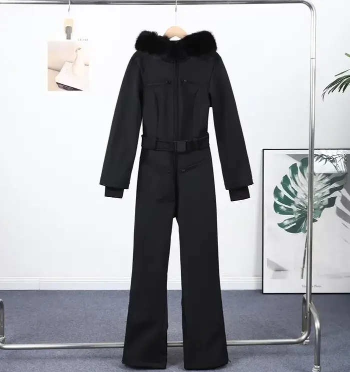 Combinaison de ski imperméable pour femme, tenue d'hiver à capuche, combinaison une pièce avec ceint