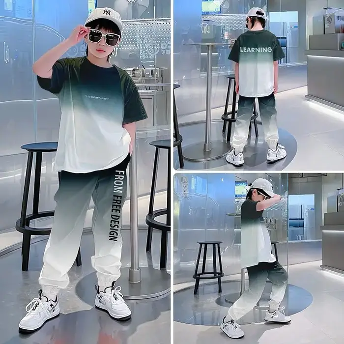 Ensemble Sportif 2 Pièces Tendance pour Garçons : T-shirt Manches Courtes Dégradé & Pantalon Jogger 