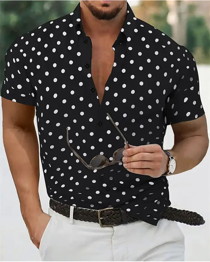 Chemise homme été plage chemise noir et blanc manches courtes à pois revers vêtements de vacances à 