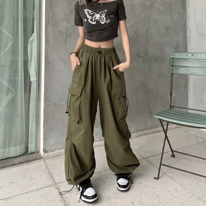 Pantalon Cargo Baggy décontracté pour femmes, couleur unie, taille basse, jogging, Tech, cordon de s
