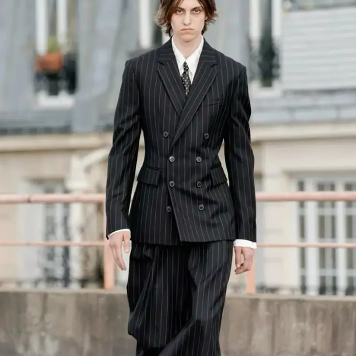 Costume ajusté à rayures noires pour hommes, ensemble 2 pièces veste et pantalon, revers cranté, Dou