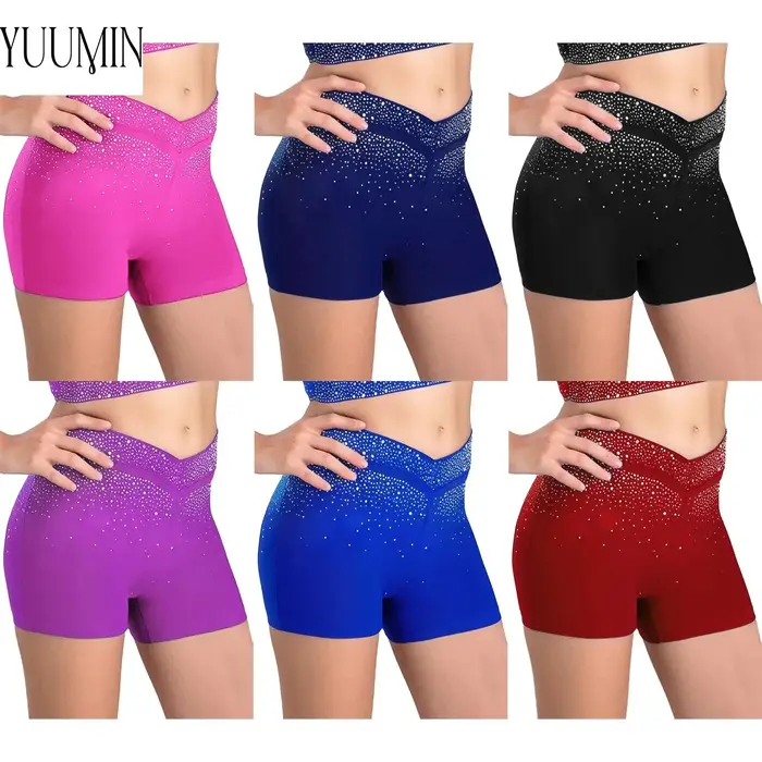 Short à ceinture élastique pour filles, strass scintillants, devant en V, pour patinage artistique, 
