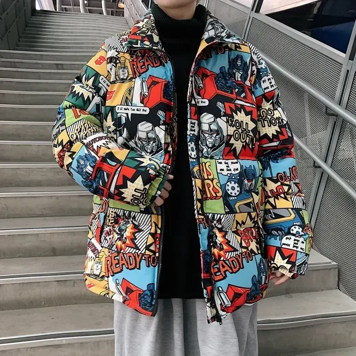 Hip Hop Graffiti dessin animé imprimé Parkas manteaux hommes Streetwear Harajuku hommes hiver épais 