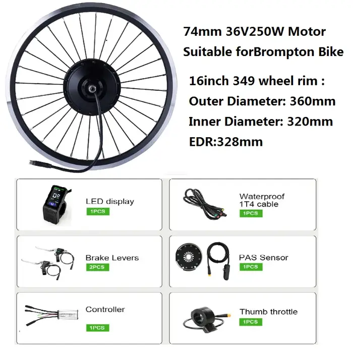 Kit de Conversion de Vélo Électrique Brompton Batterie 74mm Moteur 250W Roue de 16 Pouces Pour Cyclistes Urbains et Randonneurs