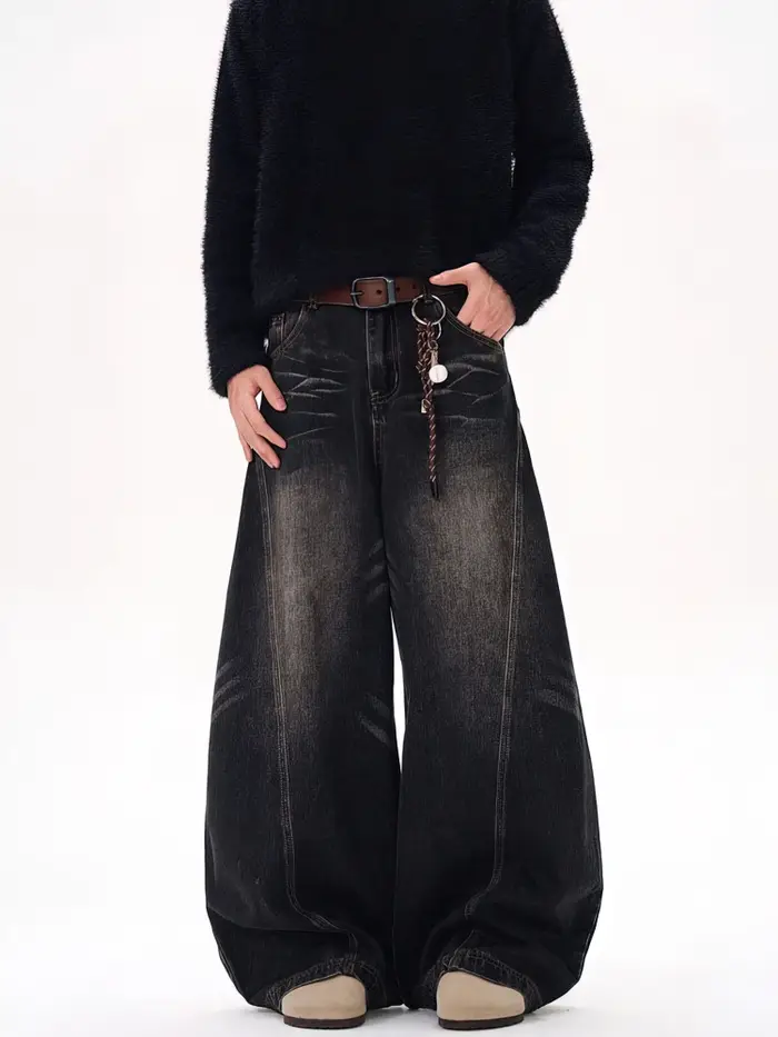 Vintage noir lavé Baggy jean pantalon hommes jambe large lame incurvée pantalon Streetwear Cowboy dé