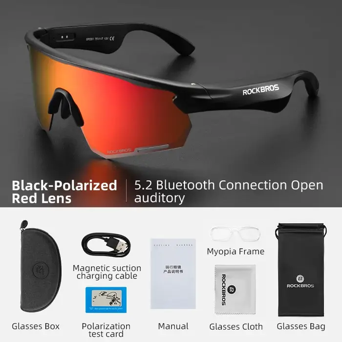 ROCKBROS-Lunettes de vélo Vstimulations Bluetooth, 120mAh, charge, cyclisme, conduite, course, sport