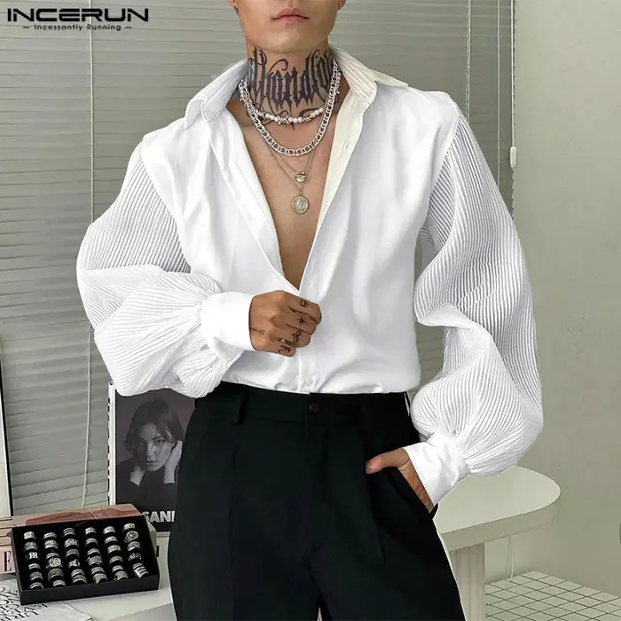 INCERUN hauts 2025 Style coréen mode nouveaux hommes Texture fosse rayure chemises décontracté Simpl
