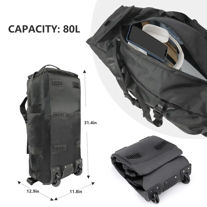 Sac de sport roulant 80L avec roulettes Sac de voyage pliable robuste de 31 pouces Bagage à roulette