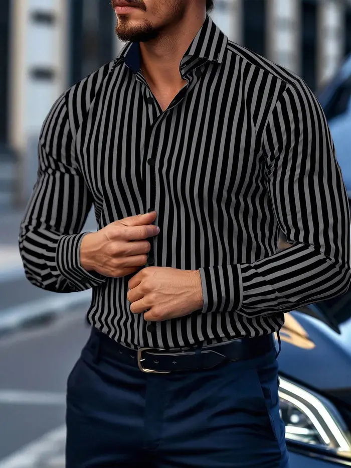 ​ ​ Chemise habillée rayée pour hommes, simple boutonnage, manches longues, tenue de bureau décontra