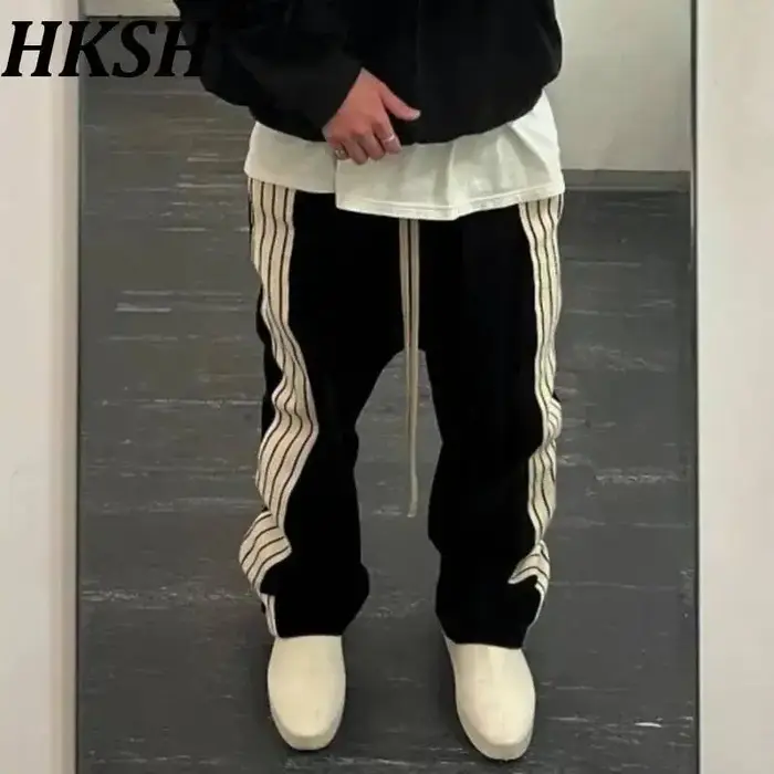 HKSH printemps automne nouveau homme marée Style américain rayé Patchwork droit décontracté pantalon
