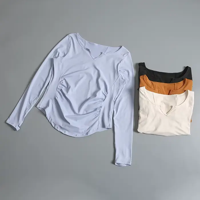 Haut de sport pour femmes vêtements de yoga fitness séchage rapide manches longues col en V printemps été pilates activité physique occasionnels