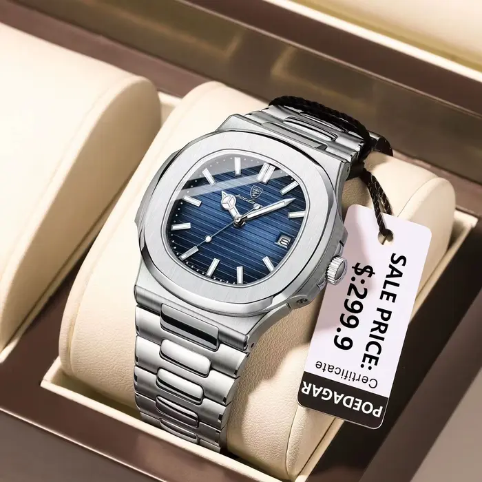 POEDAGAR mode carré Quartz homme horloge étanche lumineux Date montres en acier inoxydable pour homm