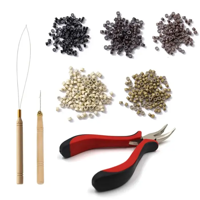 Kit d'extensions de cheveux, enfileur, crochet de traction, pinces et 100 anneaux en silicone, un en