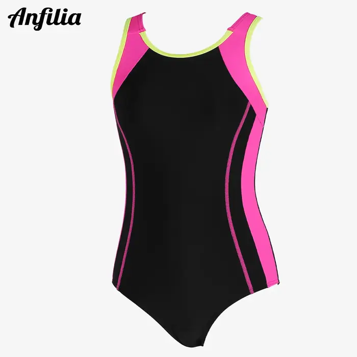 Anfilia – maillot de bain une pièce pour filles, col rond, dos nageur à haute élasticité et trou de 