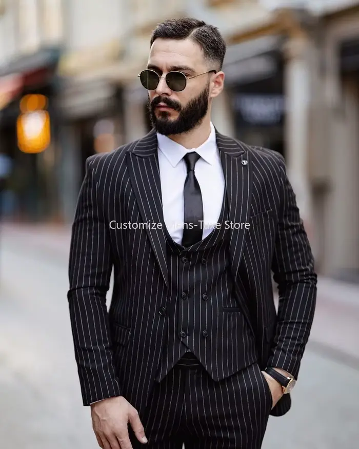 Costume noir à fines rayures pour hommes, ensemble blazer coupe couvertes, veste et pantalon, revers