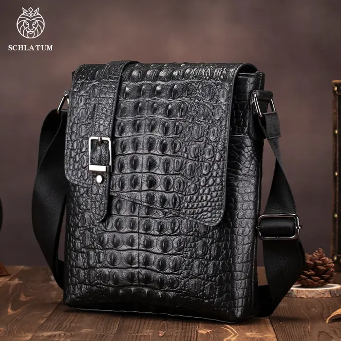 SCHLATUM-Sac à bandoulière en cuir véritable pour homme, motif crocodile, sac de poitrine Messenger,