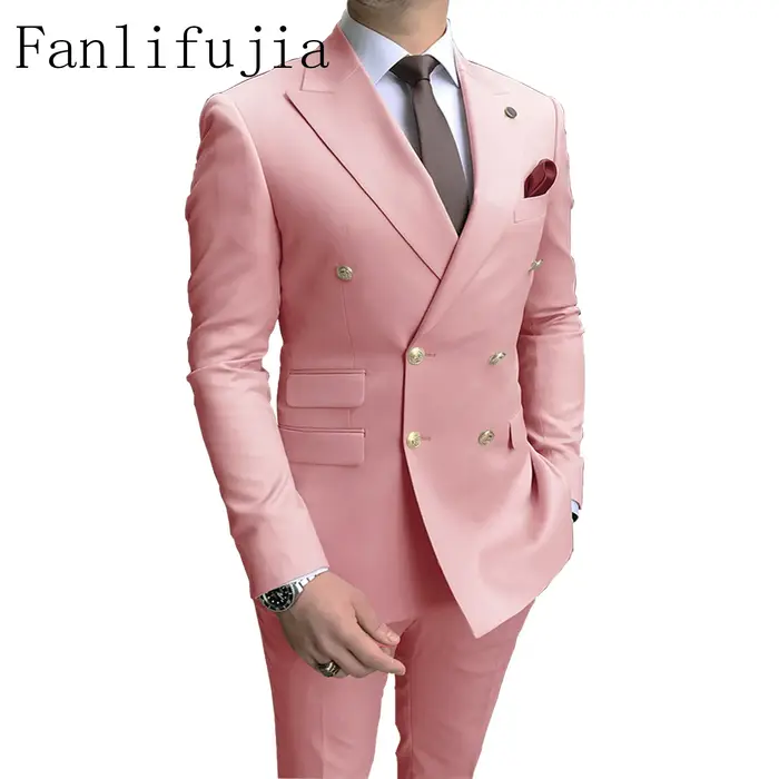 Fanlifujia – Costume deux pièces rose à Double boutonnage pour hommes, coupe cintrée, Costume de mar