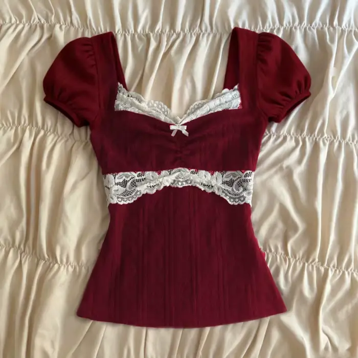 Hauts Y2K Grunge à manches courtes pour femmes, chemise estivale en dentelle patchwork, style coquet