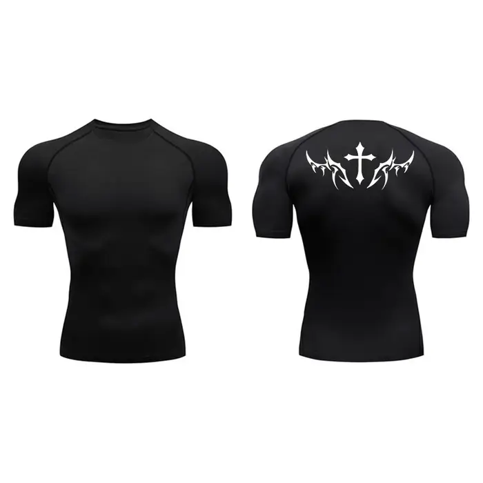 Chemises de Compression à manches courtes pour hommes, imprimé croisé, t-shirts athlétiques à séchag