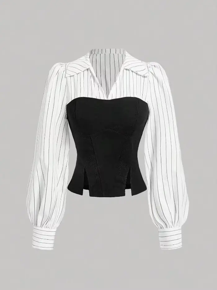 Chemise à revers épissé rayé pour femmes, tenue de bureau élégante, Style Business décontracté