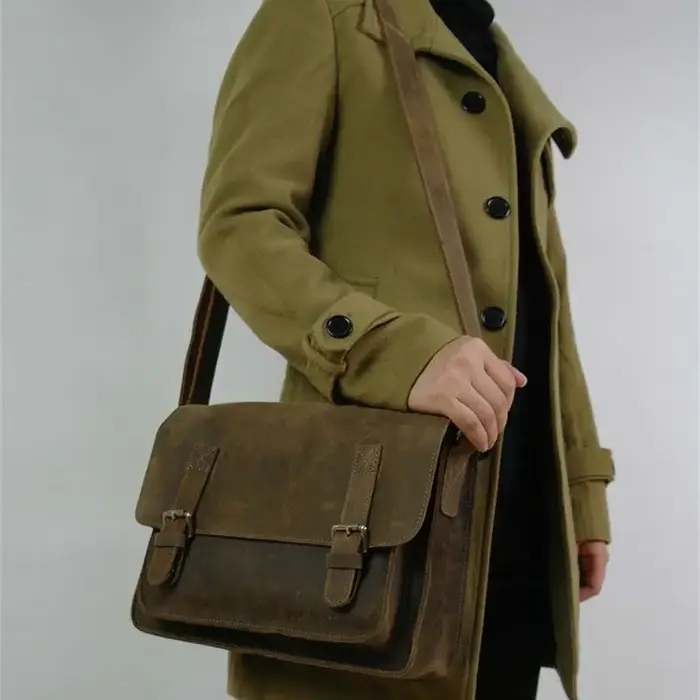 Sac à bandoulière Vintage en cuir de cheval fou pour hommes, sacoche en cuir véritable pour loisirs,