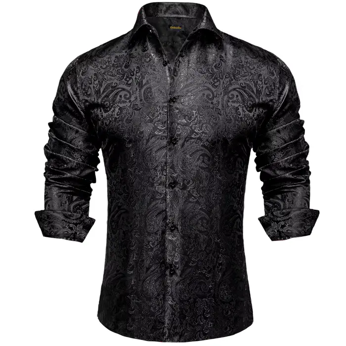 Chemises habillées en soie Paisley noire à manches longues pour hommes, chemise sociale de smoking d