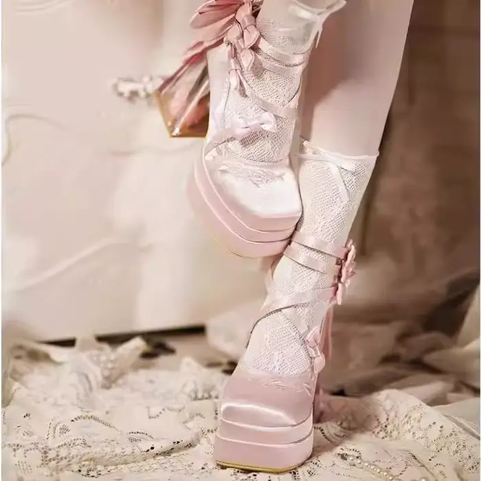Kawaii 2025 nouveau Original Lolita talons hauts douce fille Satin nœud ruban élégant Mary Jane chau