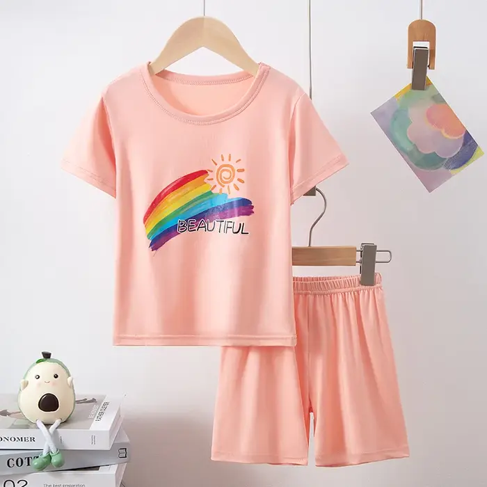 Short d'été 2 pièces pour enfants, costume à manches courtes pour filles, manteau lapin rose doux et