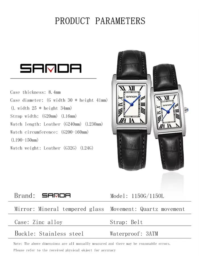 SANDA luxe réservoir Couple montre résistant à l'usure bracelet en cuir cadran carré étanche Sport d