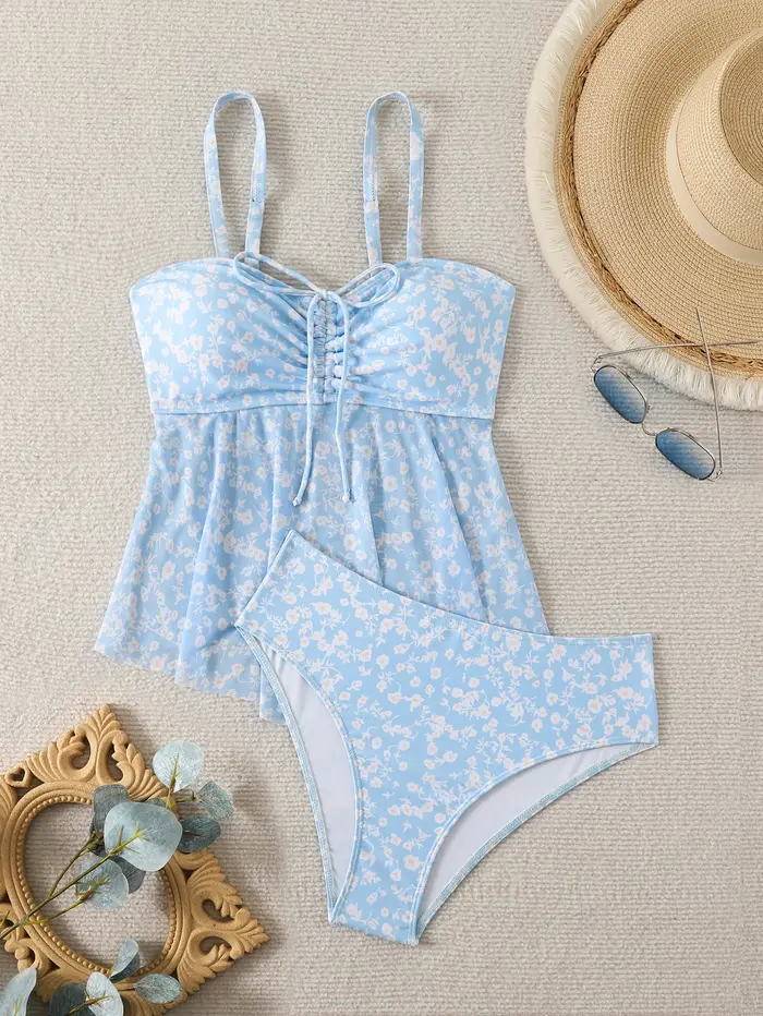 2026 Tankini à volants deux pièces pour femme, maillot de bain à bretelles avec cordon de serrage, t
