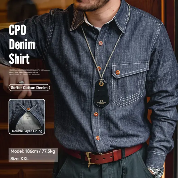 Maden Chemise en denim rétro, fine et à manches longues, avec col à revers et détails en couture. En