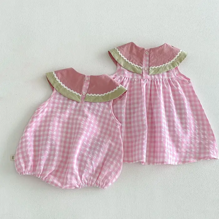 Nouvelle Robe d'été 2026 pour Enfants, Style Doux, Rose à Carreaux Pastèque, Sans Manches, Légère, V
