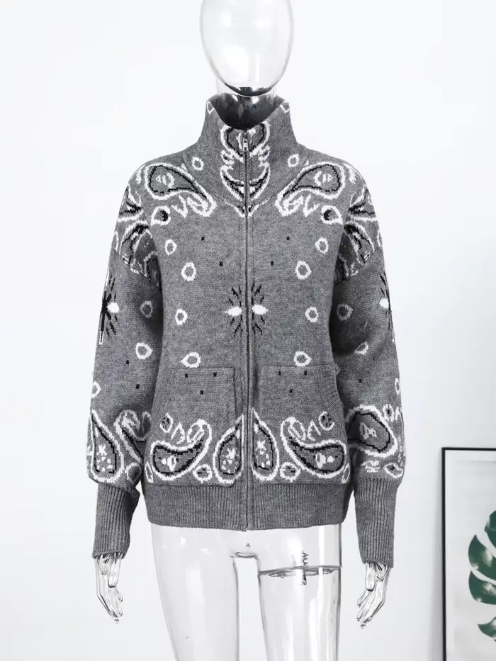 Cardigan Jacquard décontracté pour femmes, ample, col montant, poches zippées, pull assorti avec tou