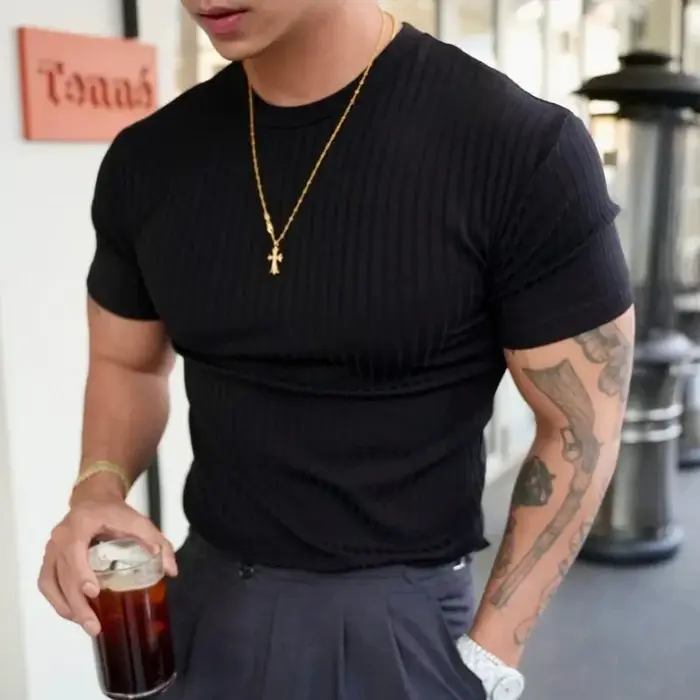 2025 nouvelle mode Fitness entraînement T-shirt hommes été sport loisirs col rond élastique à manche