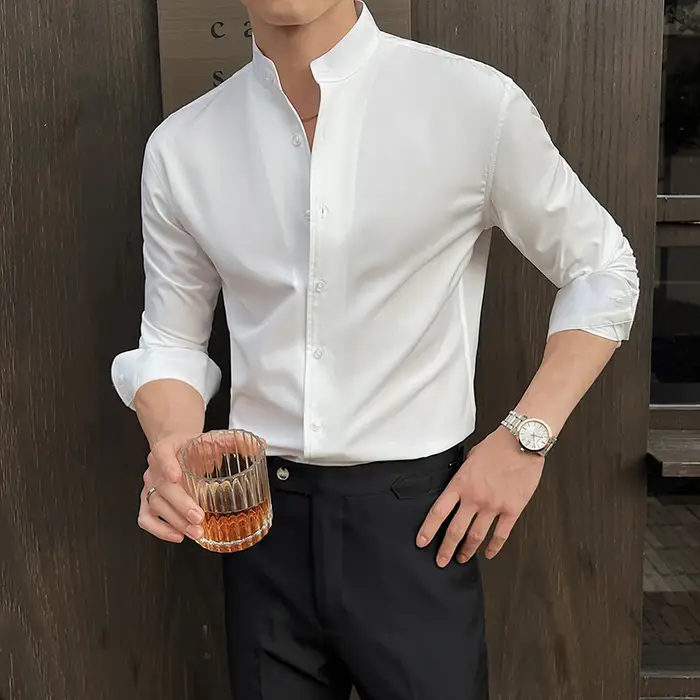 Chemise à col montant pour hommes, nouveau Style chinois, haut de gamme, manches longues, élastique,