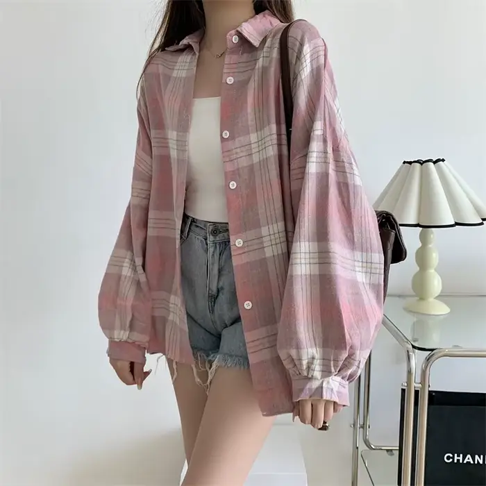 Chemise Tartan à manches longues pour femmes, col boutonné, surdimensionnée, à carreaux, veste Grung