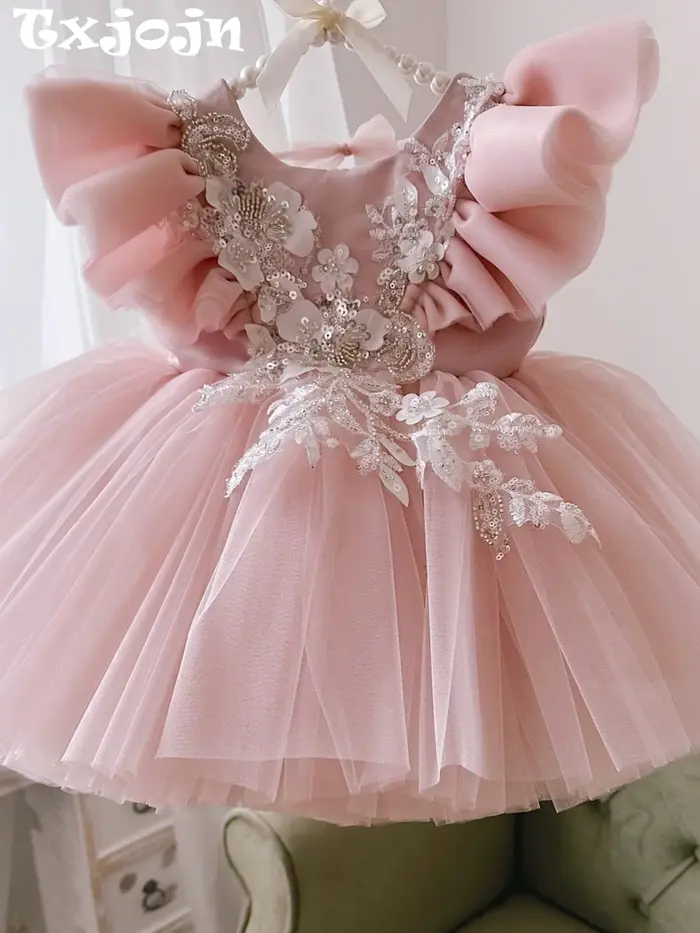 Robe d'anniversaire pour filles, avec des Appliques de perles roses, Mini robe de princesse pour enf