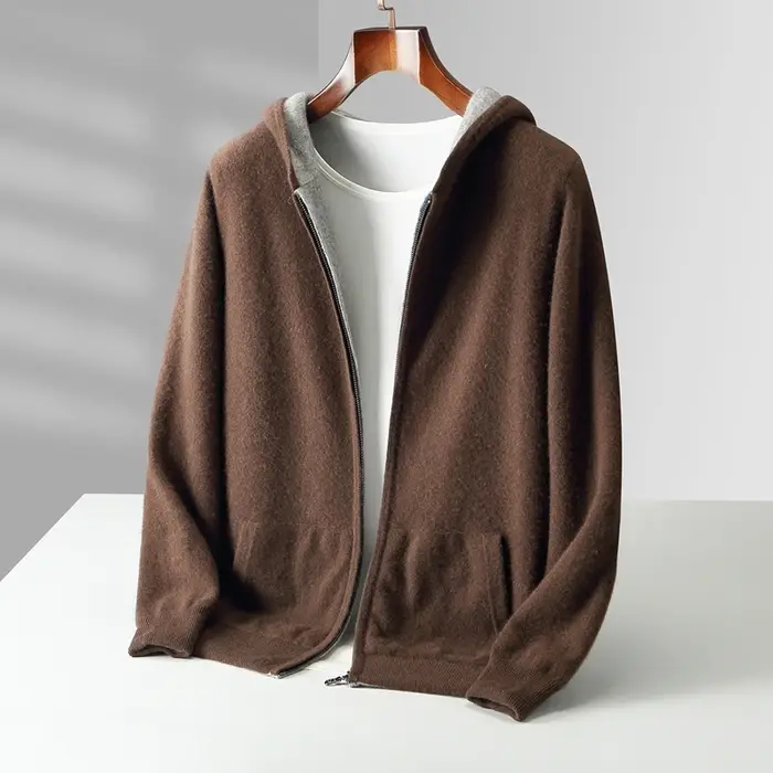 Épais à capuche hommes fermetures éclair Pure laine pull Cardigan automne hiver 100% laine tricots D