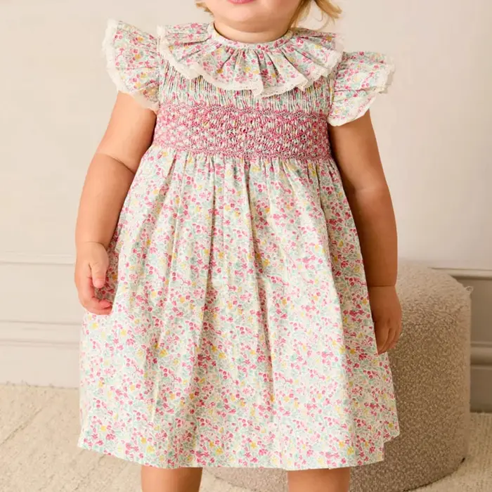 Ensemble 2 pièces pour bébé fille, col à volants smockés à la main, motif floral estival, style vint