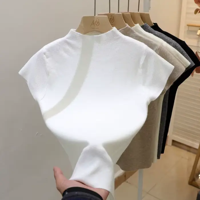 Pull à col roulé pour femme, basique, couleur unie, fin, tricoté, Slim, manches courtes, moulant, ét