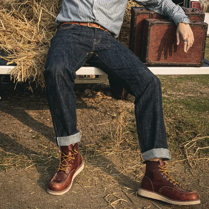 710-0001B Red Tornade Jean en denim 14oz à taille haute, selvedge indigo brut, délavé, sanforisé