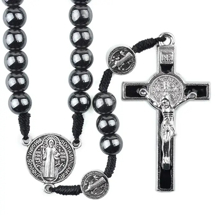 Chapelet catholique, ornement de voiture, perle d'hématite noire, médaille de Saint benoît, croix de