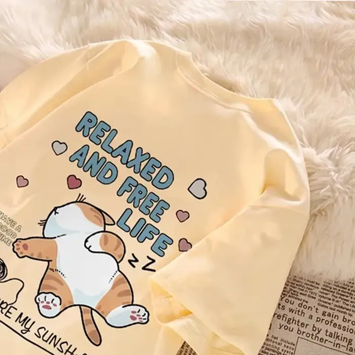 T-shirt à manches courtes pour Couple, ample et décontracté, avec lettres imprimées de chat paresseu