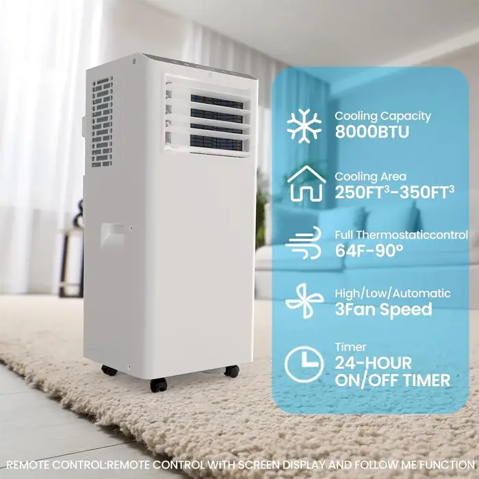 Climatiseur portable 8500 BTU avec télécommande à écran LCD, refroidissement AC jusqu'à 350 pieds ca