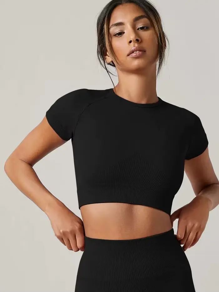T-shirt de sport sans couture femme haut de yoga fitness manches courtes confortable