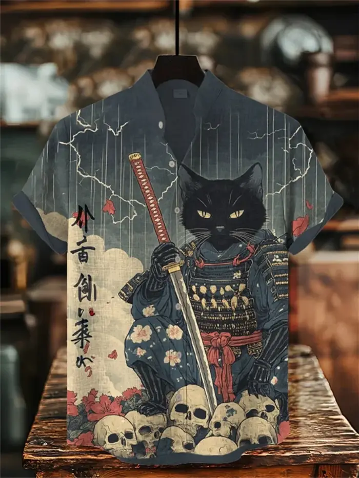 Chemise homme grande taille imprimée motif dessin animé col montant tendance manches courtes tenue en lin haute qualité pour extérieur occasions spéciales