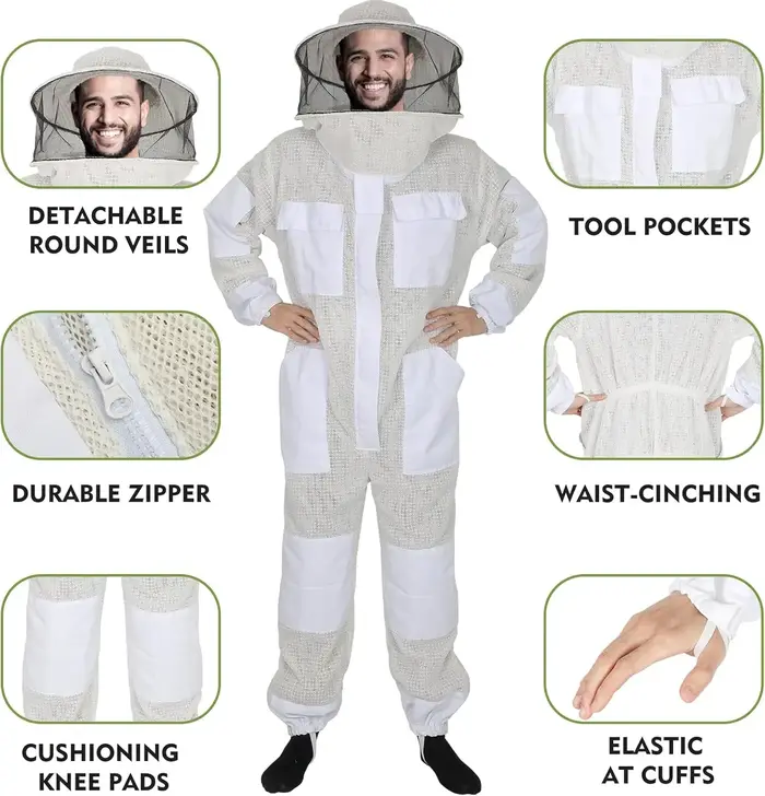 Combinaison de protection anti-abeilles triple couche avec chapeau amovible ventilée pour apiculteurs et amateurs protection ruche travail nature