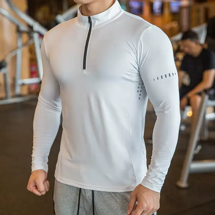 T-shirt de sport à manches longues pour hommes, coupe cintrée, demi-fermeture éclair, col montant, p