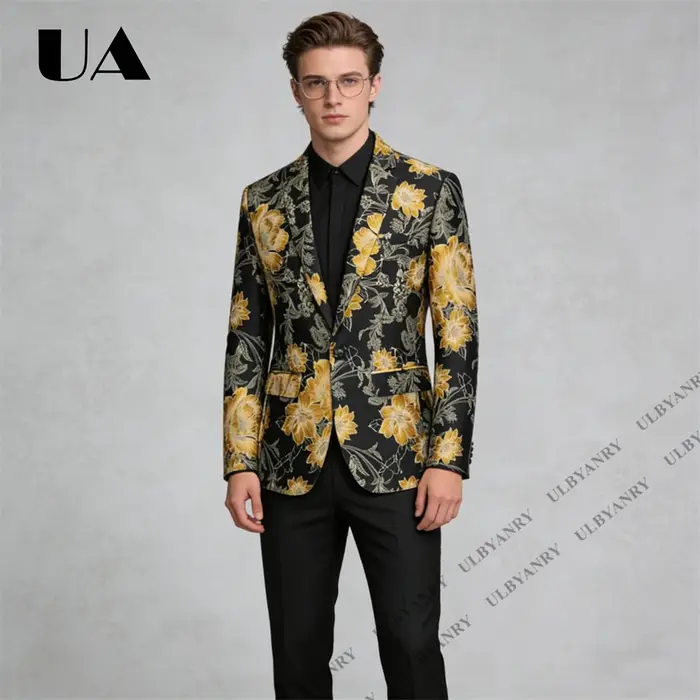 Ensemble de costume pour homme ULBYANRY, motif noir et or, veste formelle à revers cranté avec panta